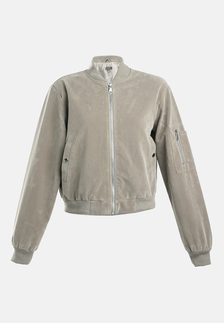 zipper detail bomber jacket#color_stone