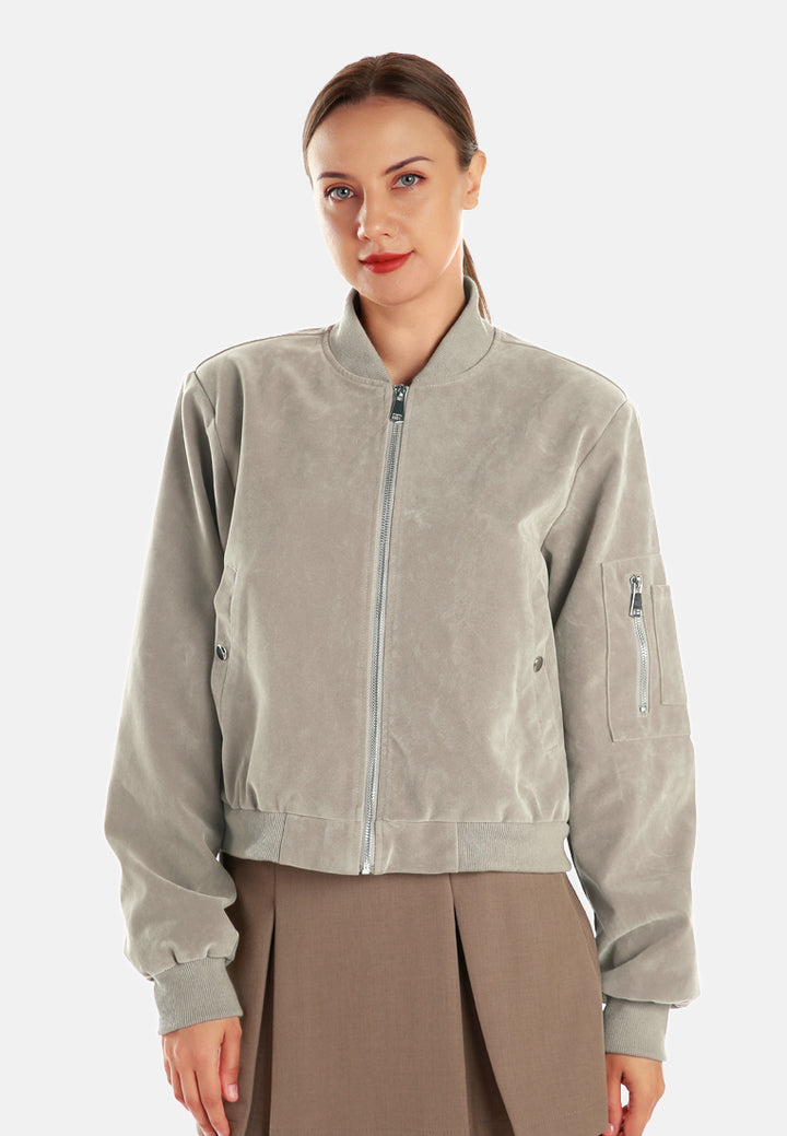 zipper detail bomber jacket#color_stone