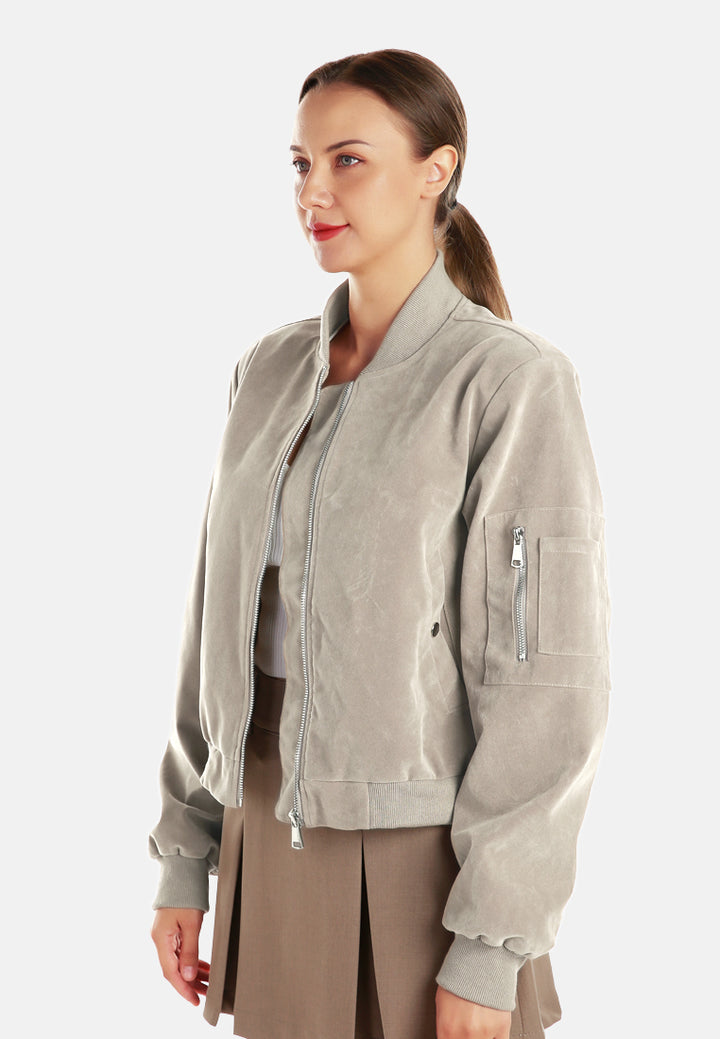 zipper detail bomber jacket#color_stone