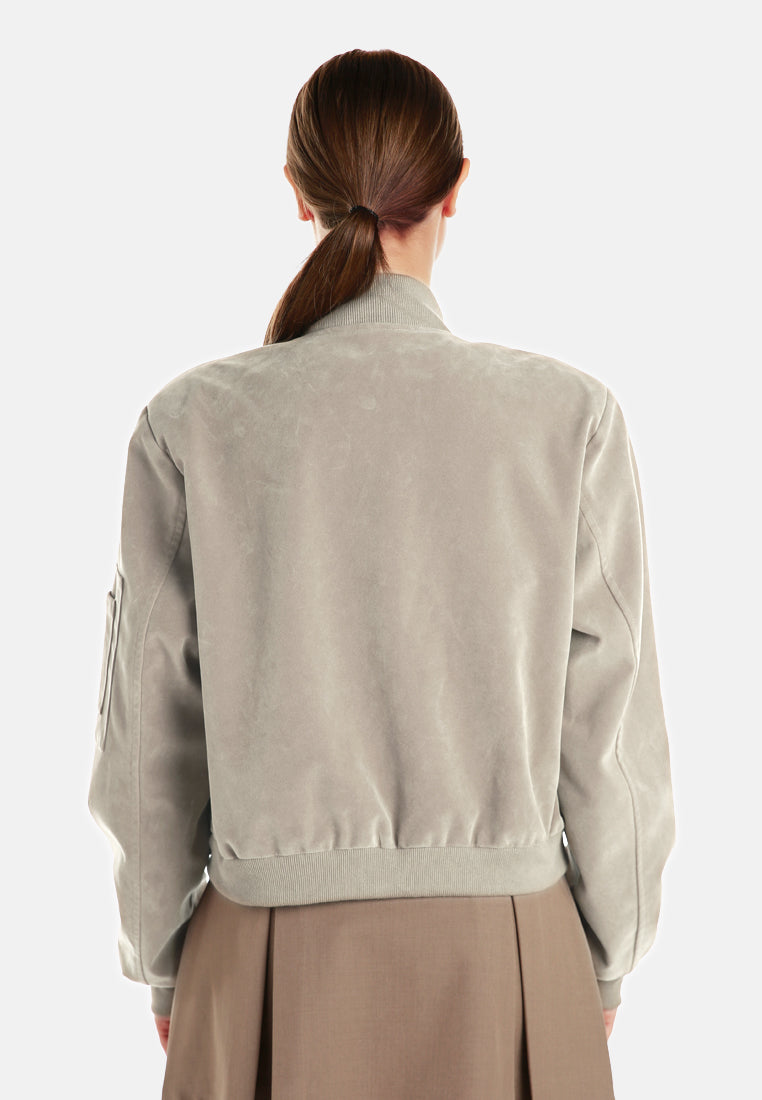 zipper detail bomber jacket#color_stone