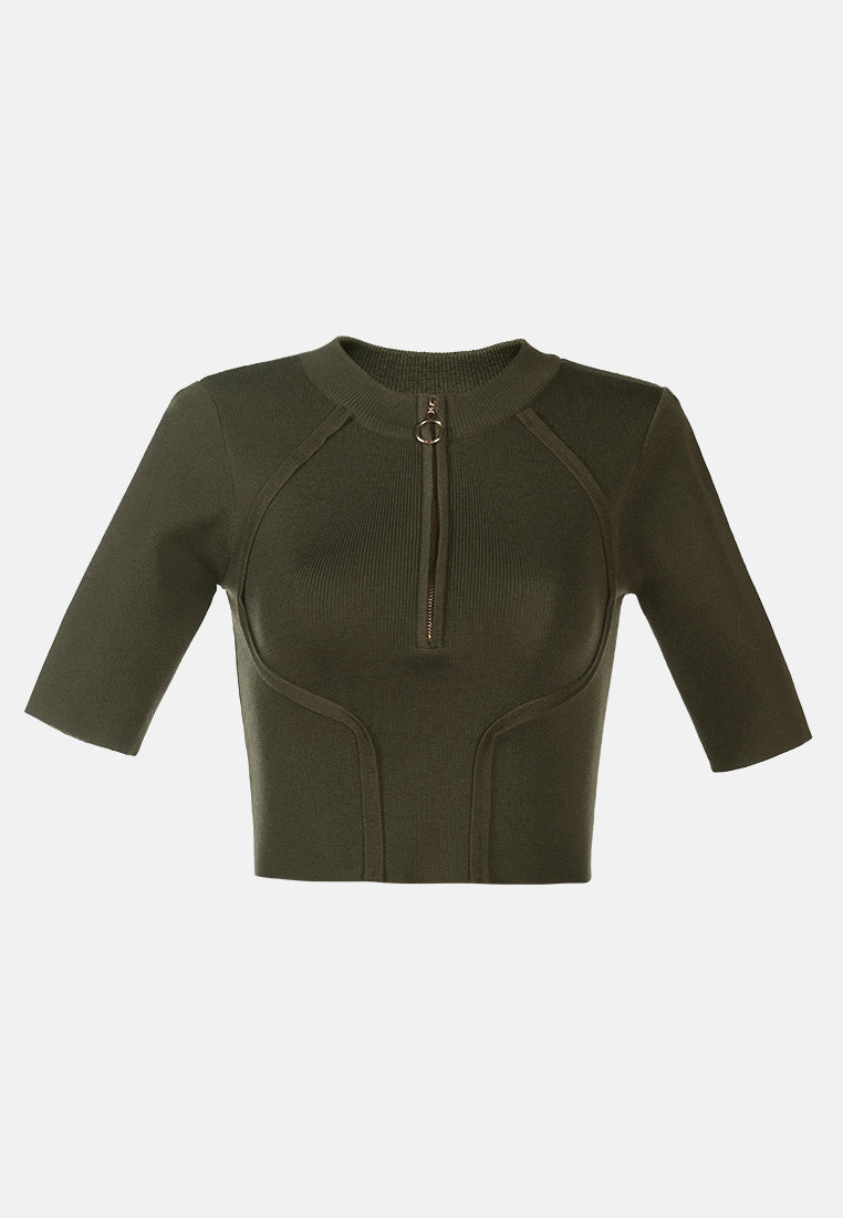 zip up half sleeve cropped cardigan#color_olive
