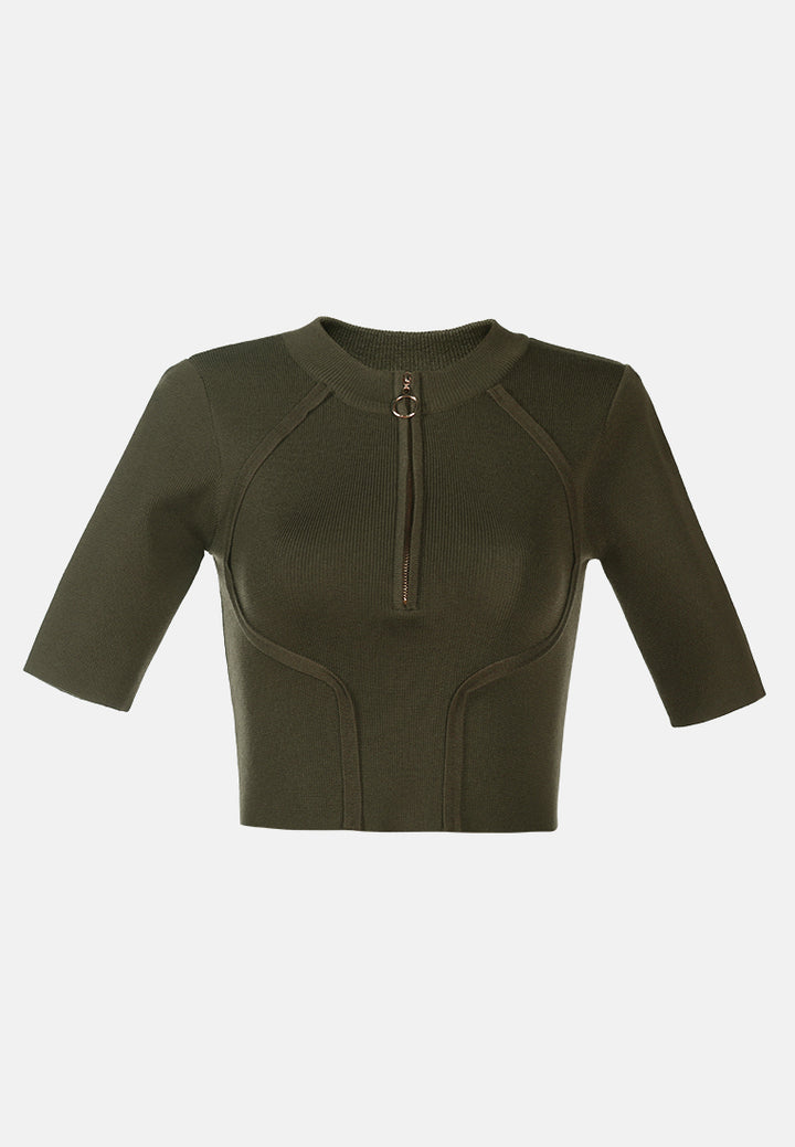 zip up half sleeve cropped cardigan#color_olive