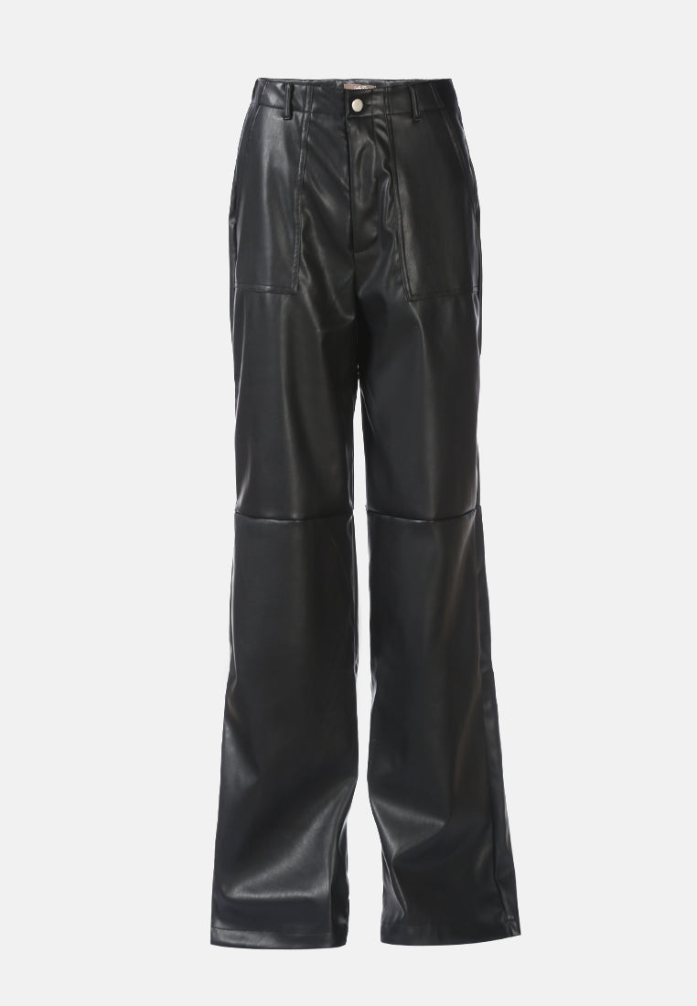 faux leather stitch detail panelled pants#color_black