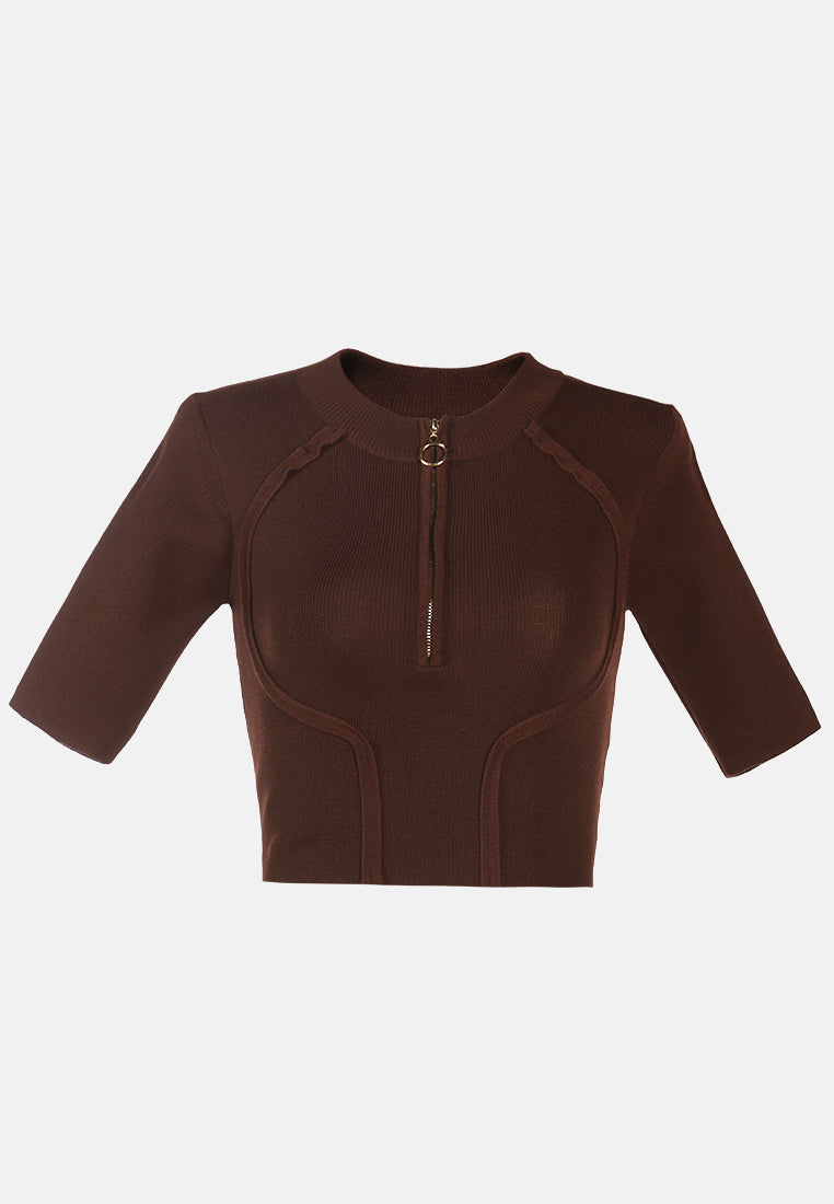 zip up half sleeve cropped cardigan#color_dark-brown