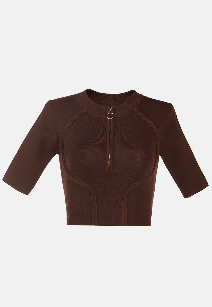zip up half sleeve cropped cardigan#color_dark-brown