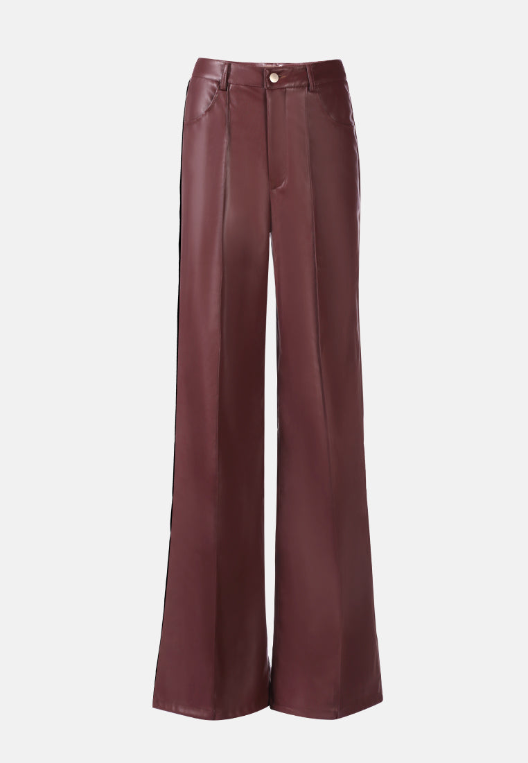 faux leather seam detail wide leg trousers#color_dk-chocolate