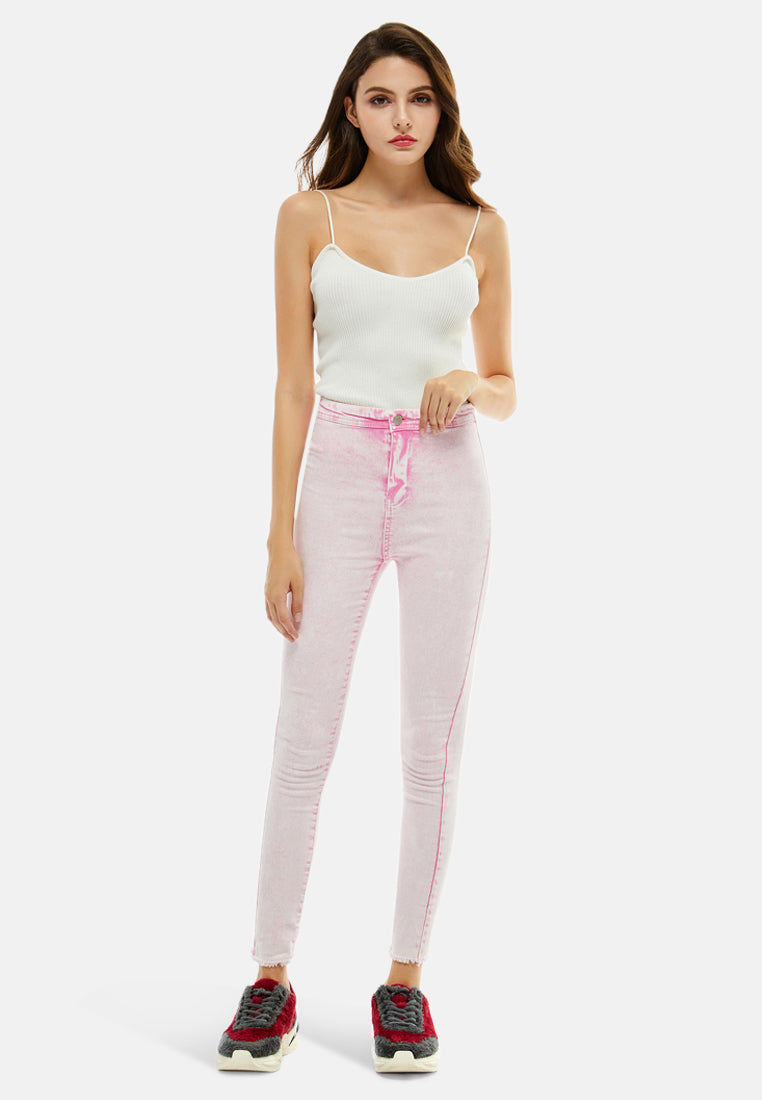 acid wash frayed hem jeans#color_pink