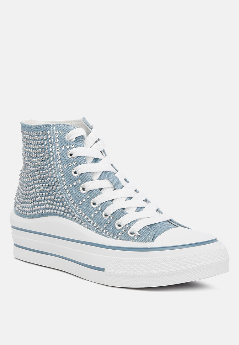 asuka rhinestone embellished ankle-length denim sneakers#color_denim