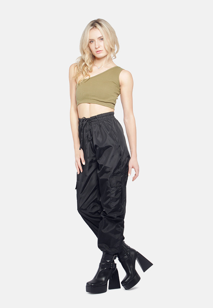 asymmetrical basic crop top#color_olive