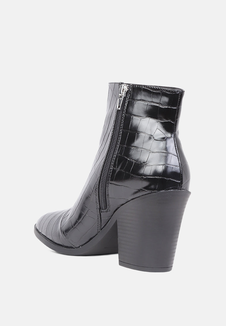 avishag snake skin print block stacked heel ankle boots#color_black