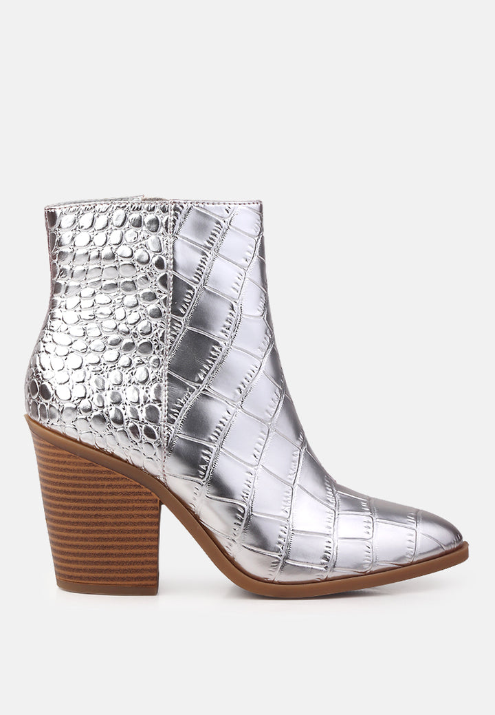 avishag snake skin print block stacked heel ankle boots#color_silver