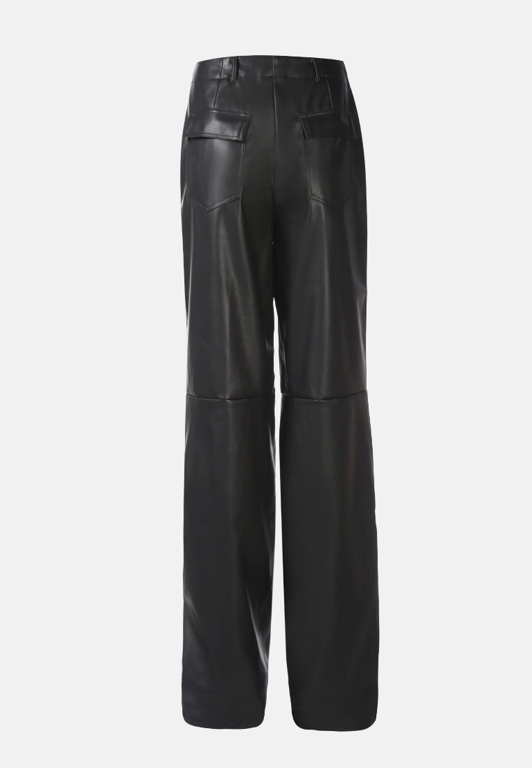 faux leather stitch detail panelled pants#color_black