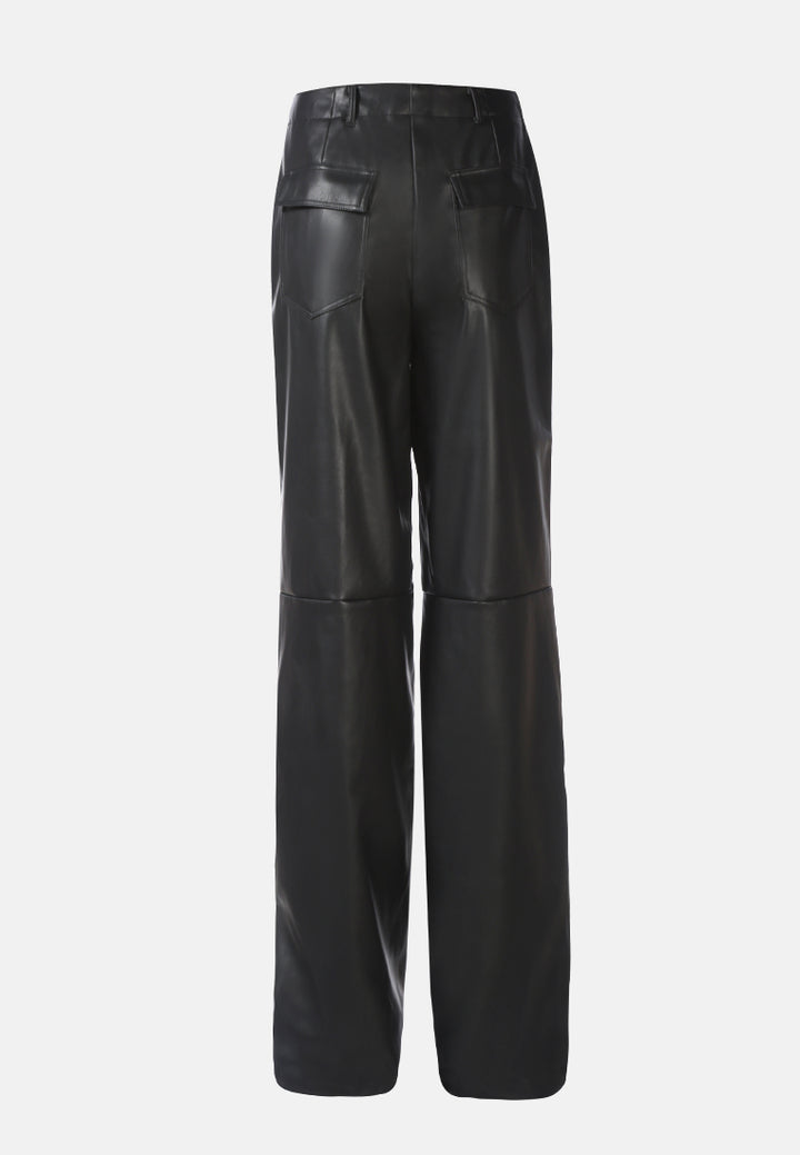 faux leather stitch detail panelled pants#color_black