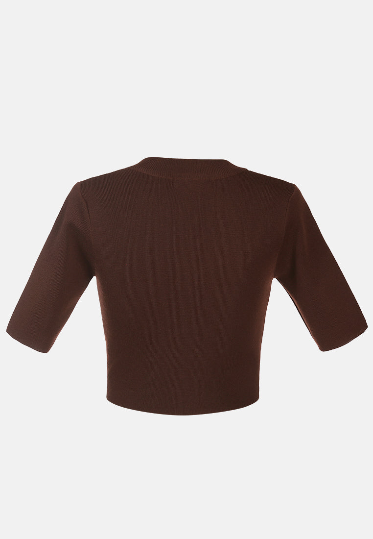 zip up half sleeve cropped cardigan#color_dark-brown