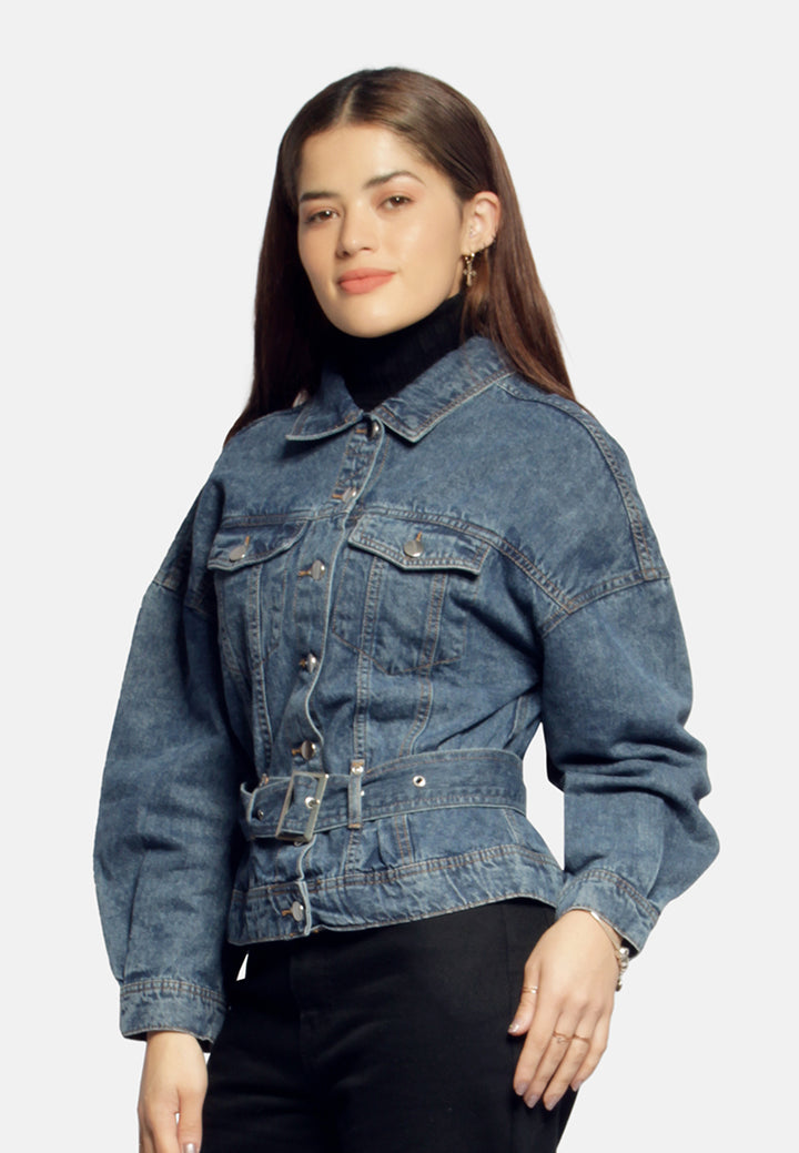 balloon sleeve belted denim shacket#color_mid-blue