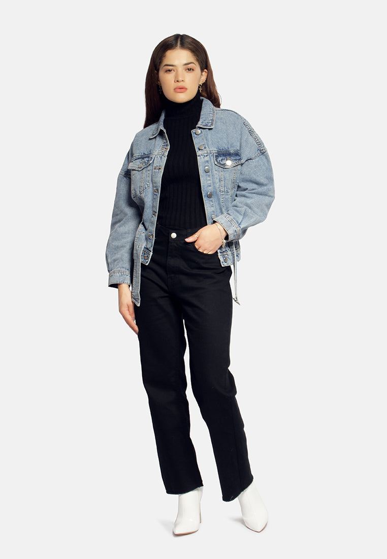 balloon sleeve belted denim shacket#color_light-blue