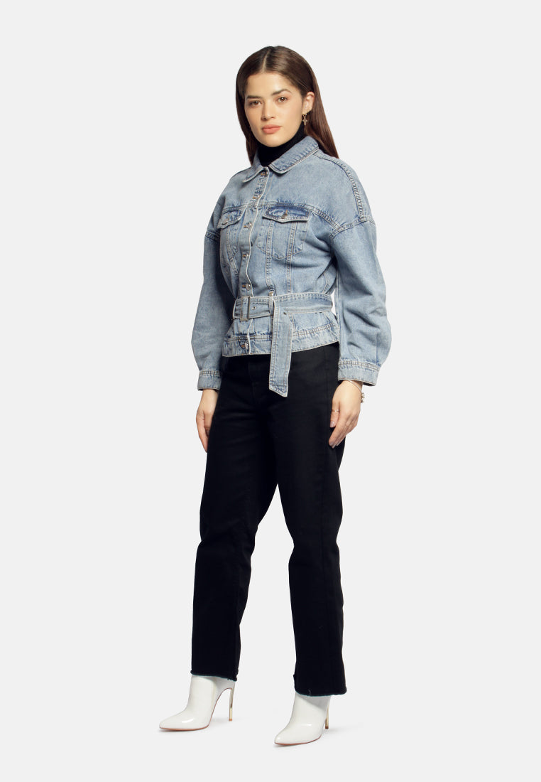 balloon sleeve belted denim shacket#color_light-blue