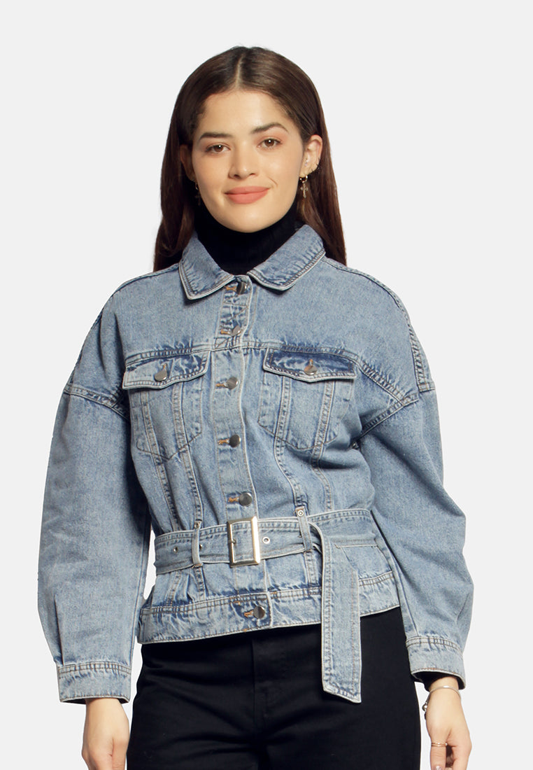 balloon sleeve belted denim shacket#color_light-blue