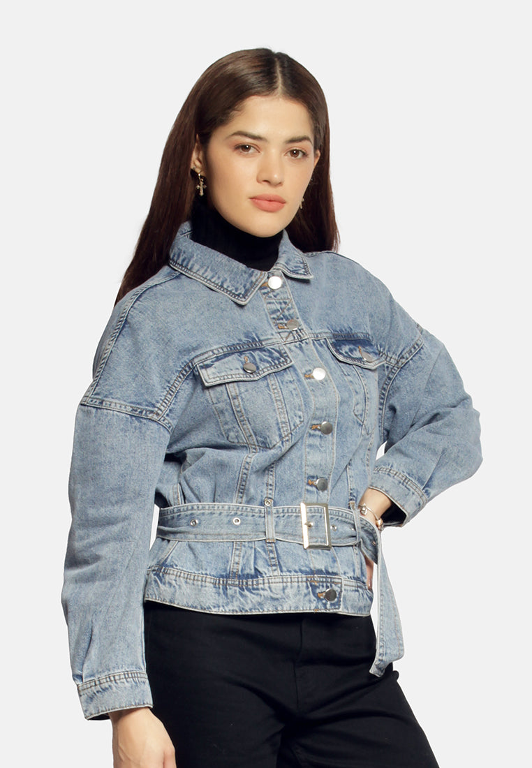 balloon sleeve belted denim shacket#color_light-blue