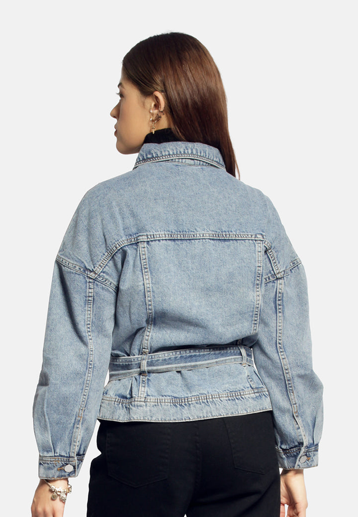 balloon sleeve belted denim shacket#color_light-blue