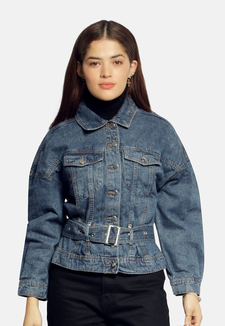 balloon sleeve belted denim shacket#color_mid-blue