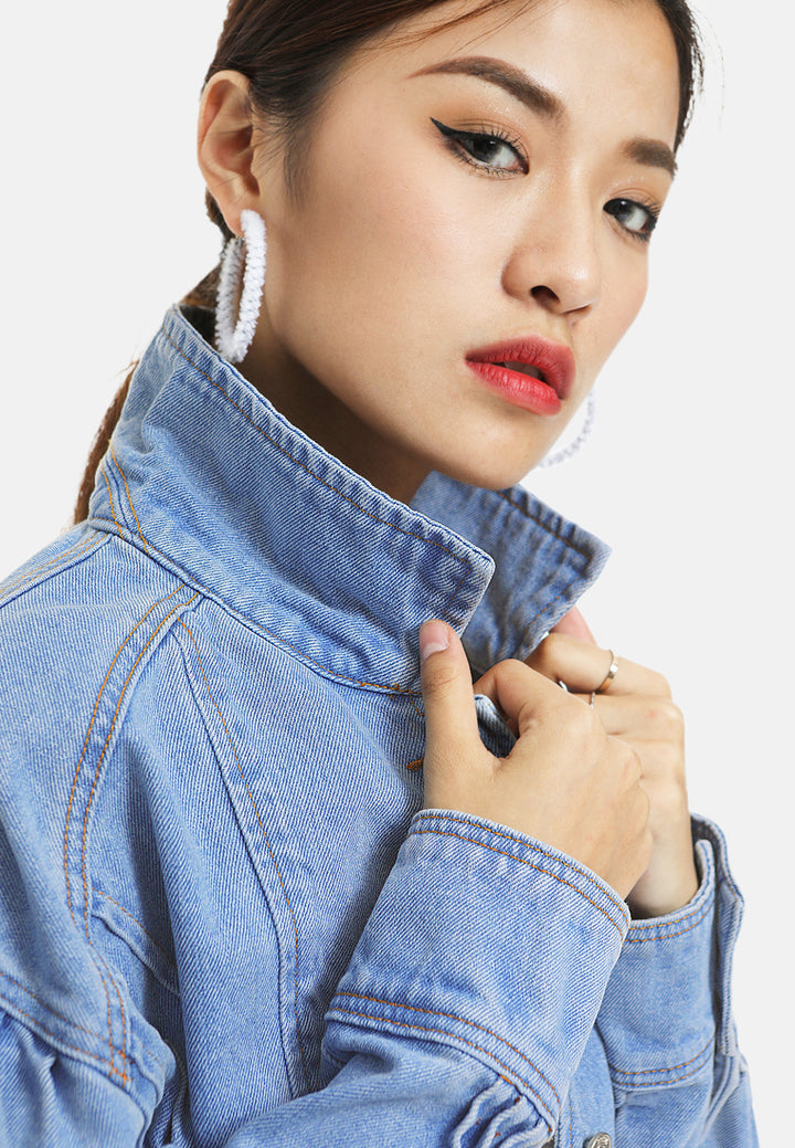 balloon sleeve denim jacket#color_light-blue