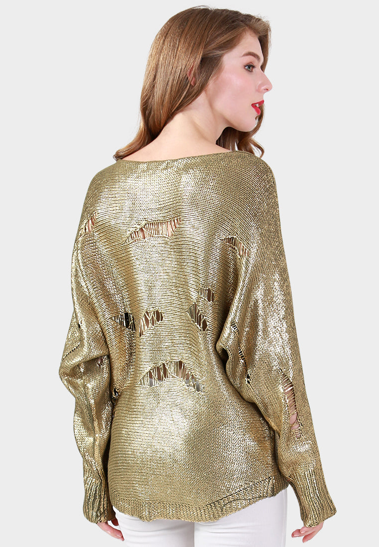 batwing full sleeve metallic sweater#color_khaki