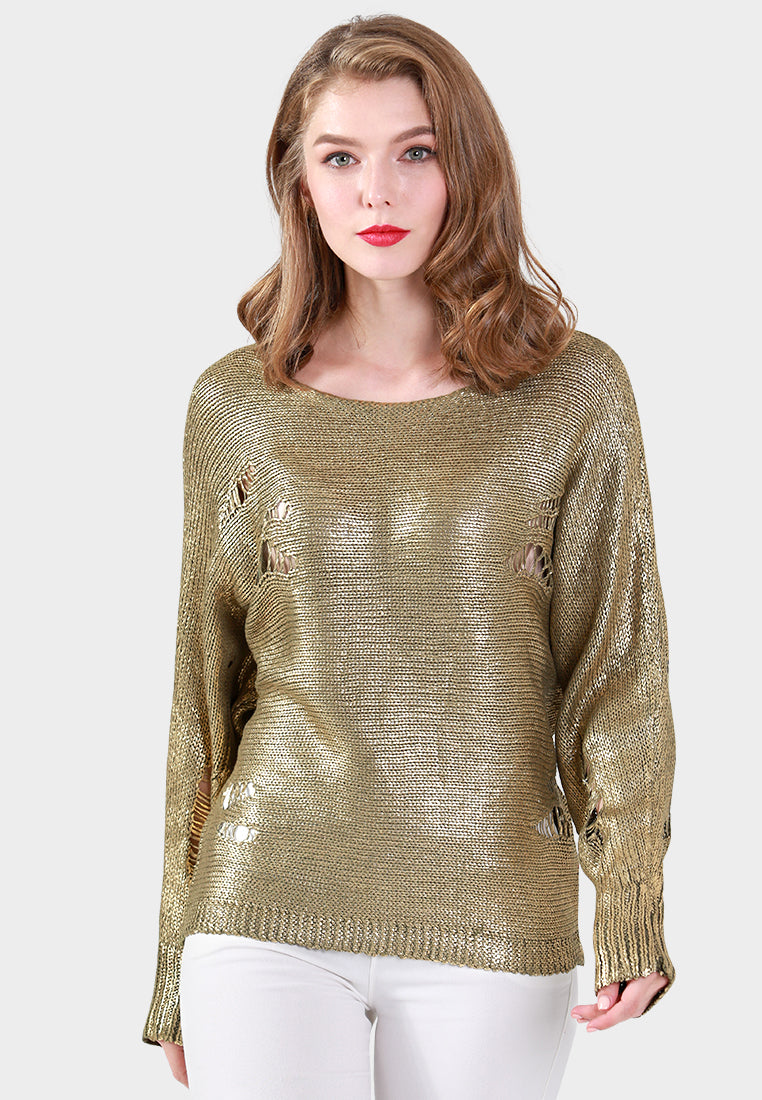 batwing full sleeve metallic sweater#color_khaki