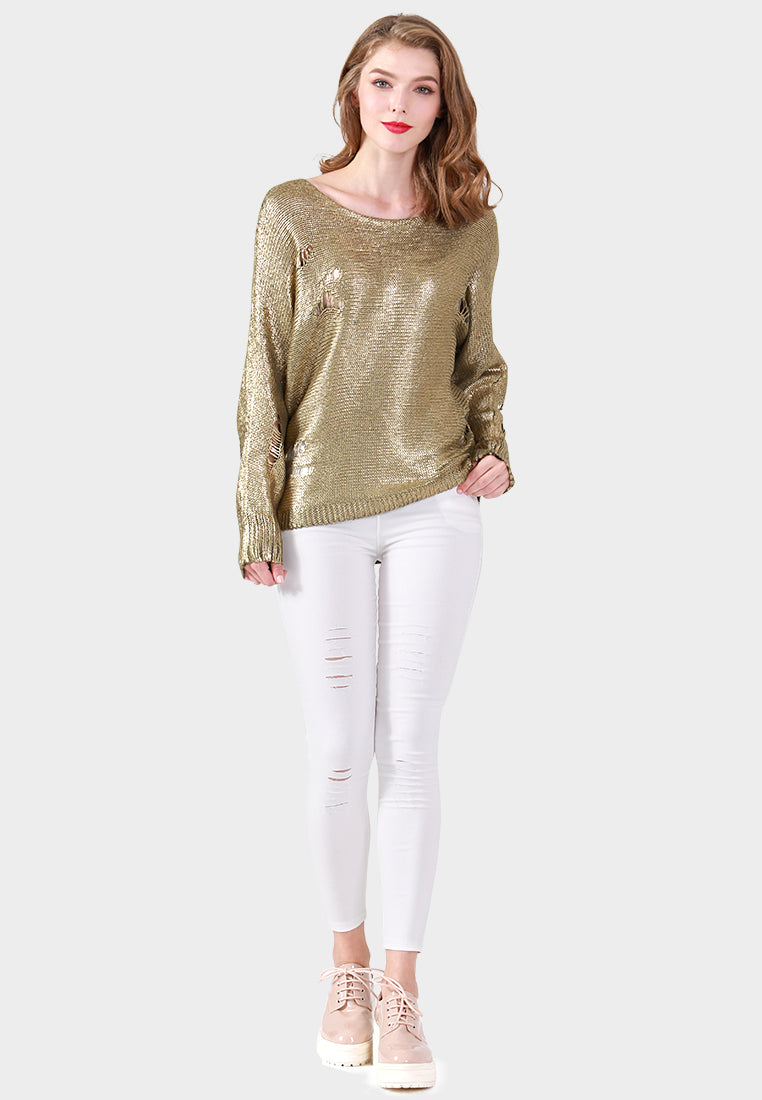 batwing full sleeve metallic sweater#color_khaki