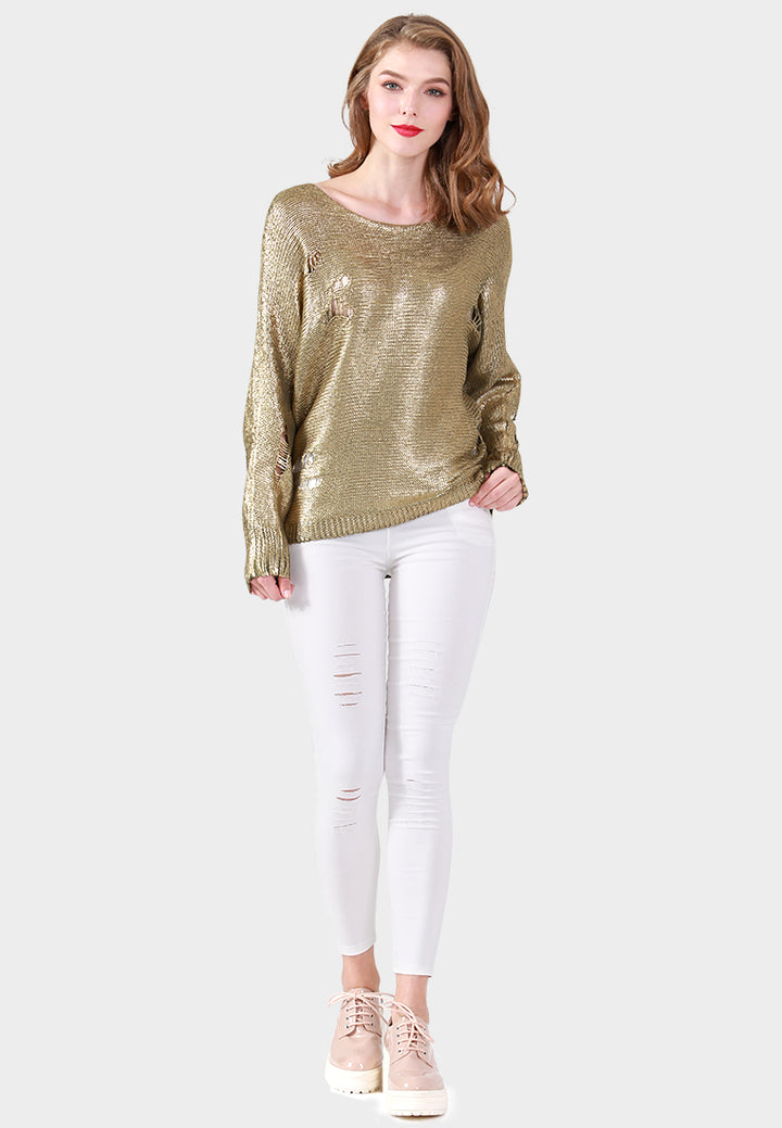batwing full sleeve metallic sweater#color_khaki