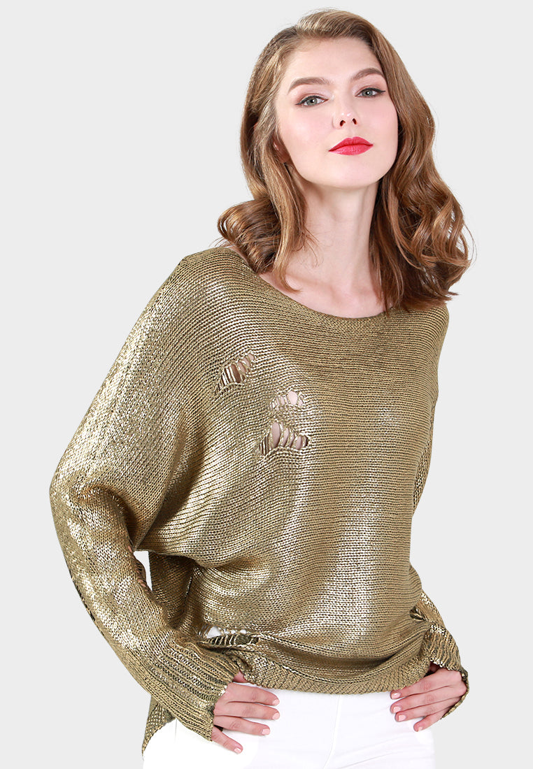 batwing full sleeve metallic sweater#color_khaki