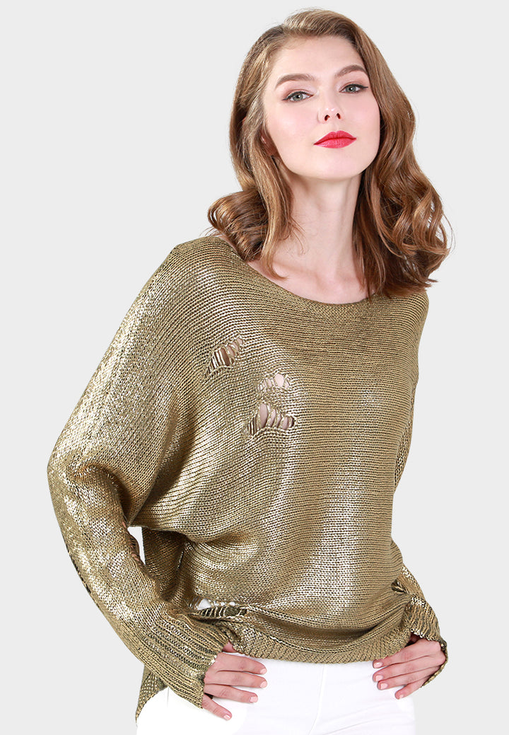 batwing full sleeve metallic sweater#color_khaki