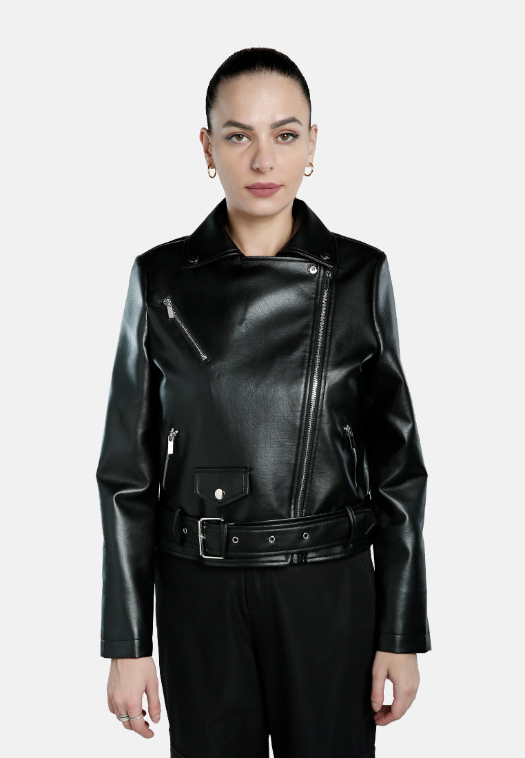 belted faux leather biker jacket#color_black