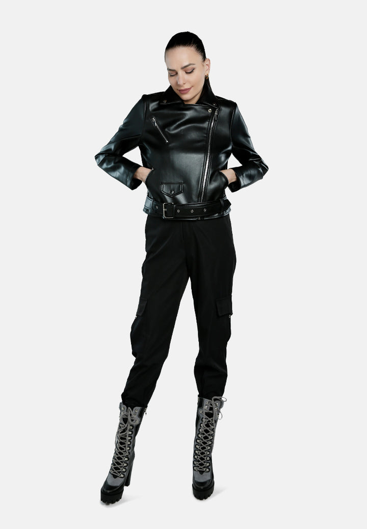 belted faux leather biker jacket#color_black