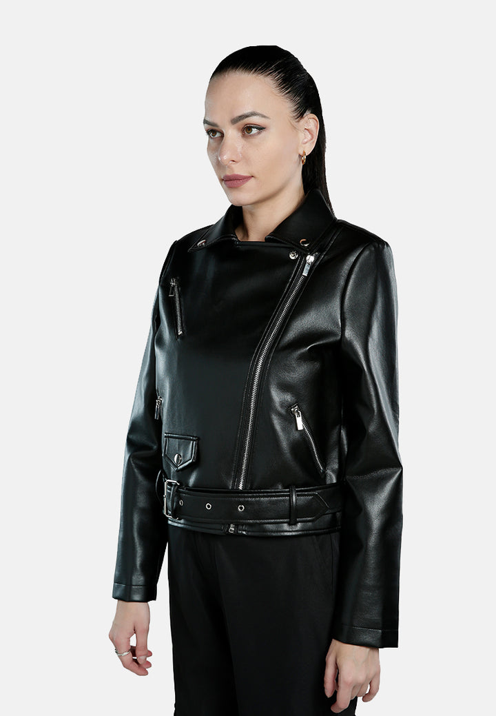 belted faux leather biker jacket#color_black