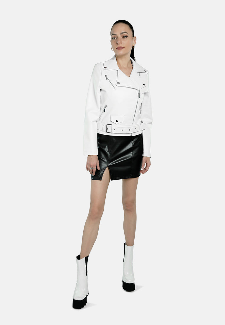 belted faux leather biker jacket#color_white