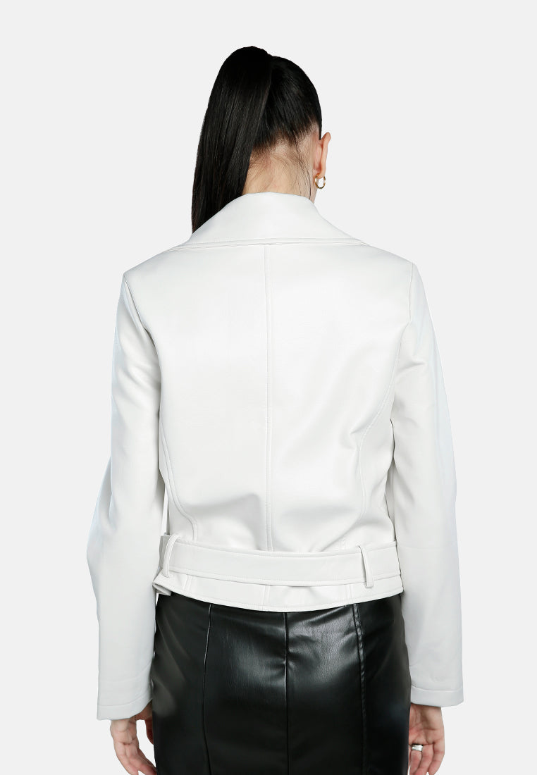 belted faux leather biker jacket#color_white