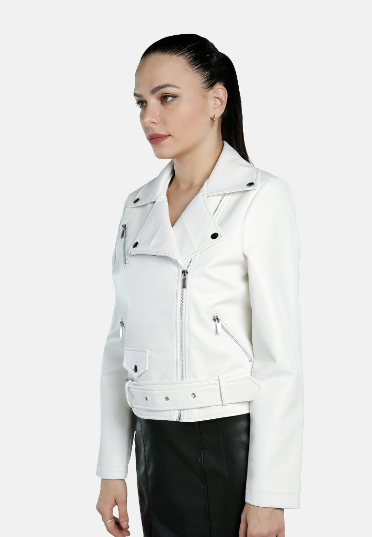 belted faux leather biker jacket#color_white