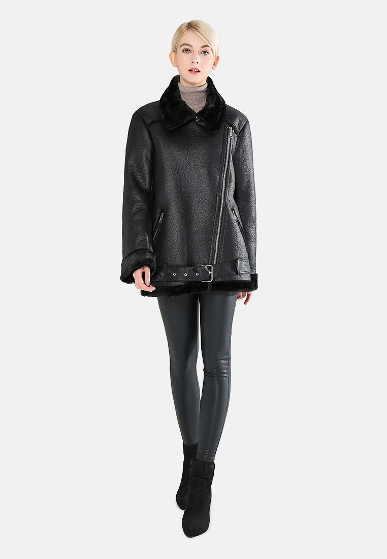 biker jacket with faux fur collar#color_black