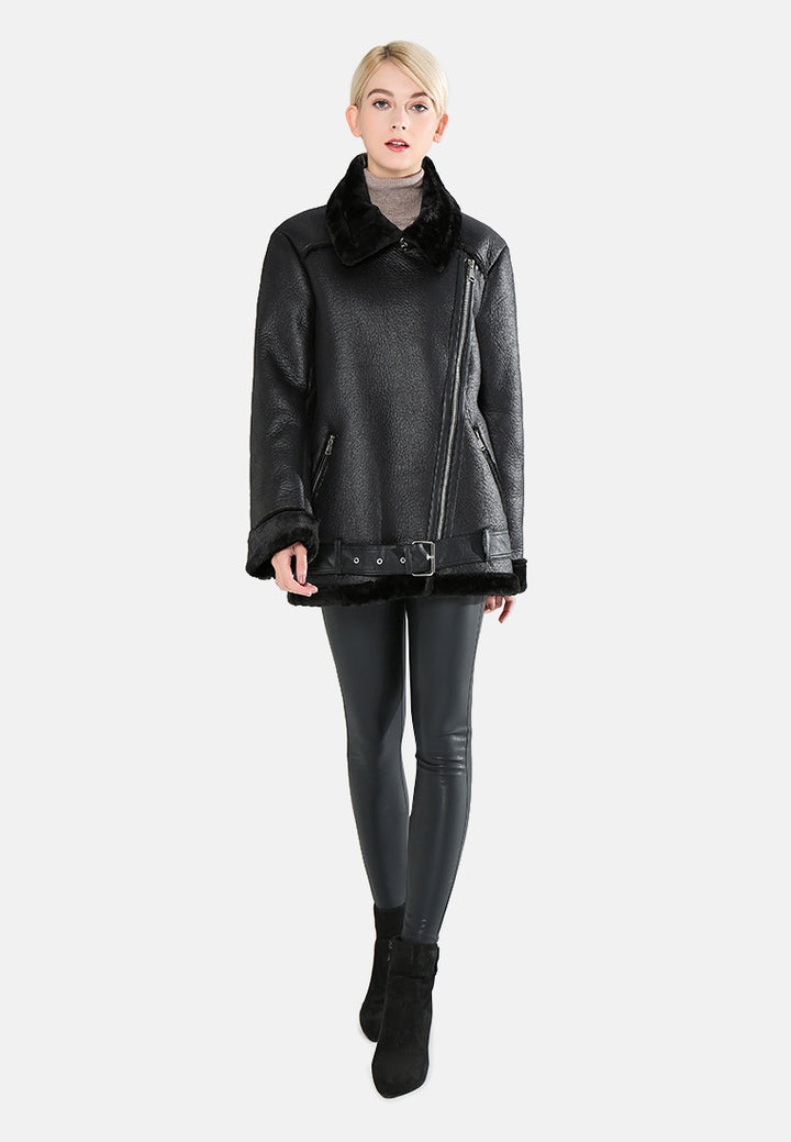 biker jacket with faux fur collar#color_black