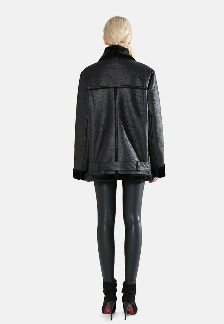 biker jacket with faux fur collar#color_black