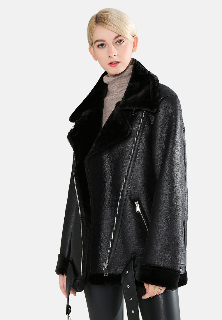 biker jacket with faux fur collar#color_black