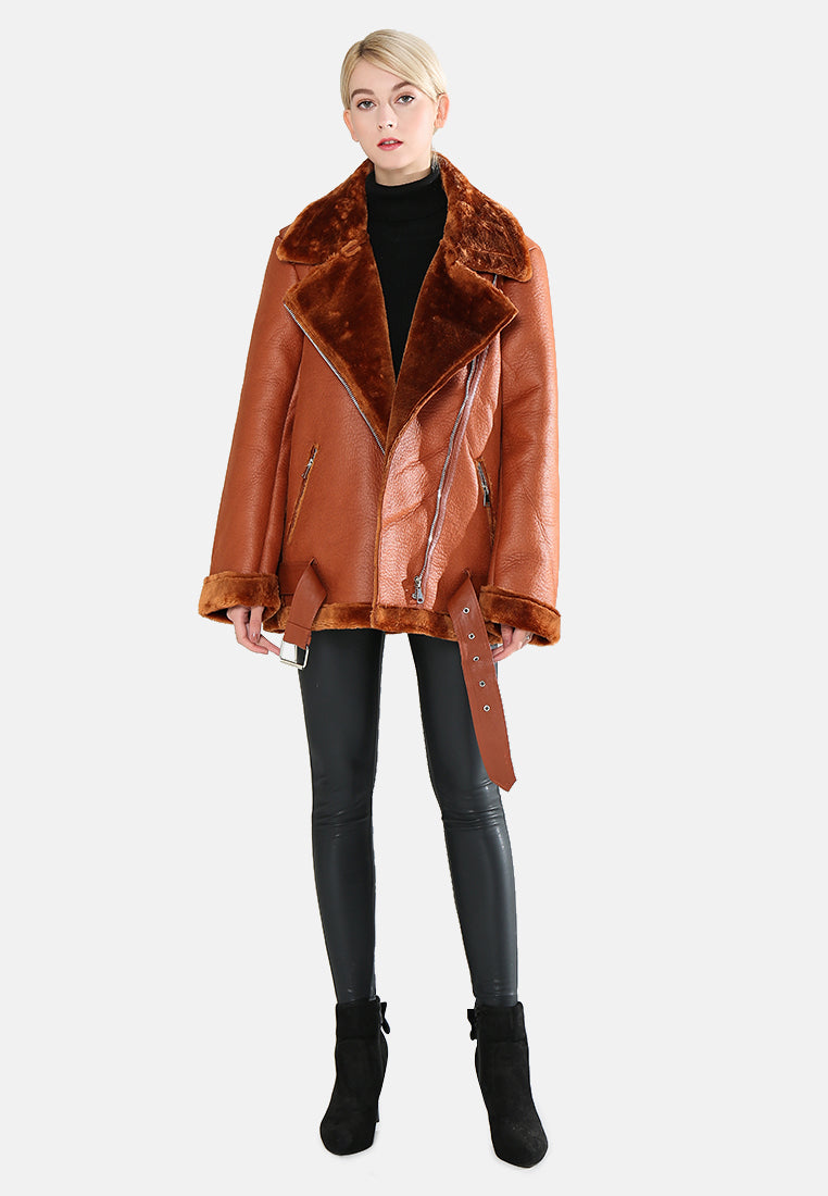 biker jacket with faux fur collar#color_tan
