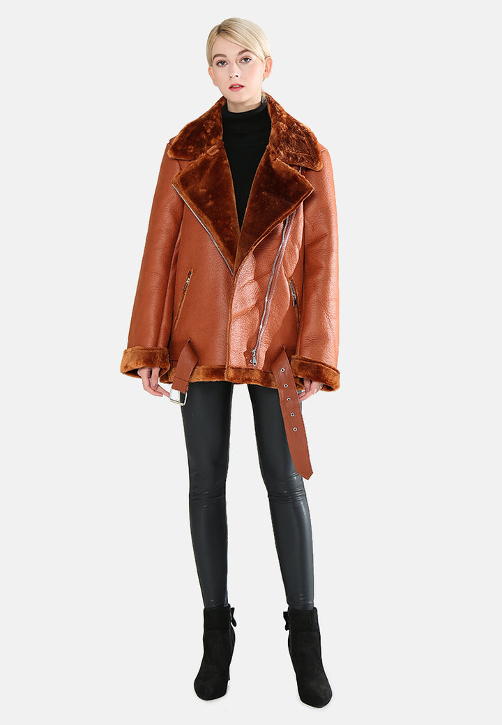 biker jacket with faux fur collar#color_tan