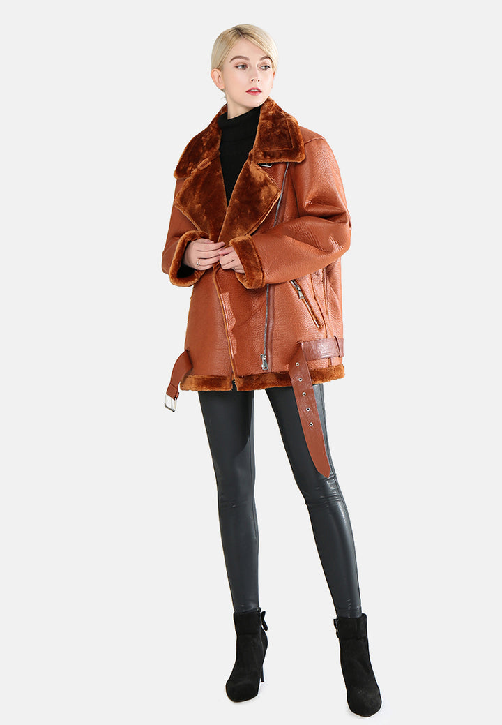 biker jacket with faux fur collar#color_tan