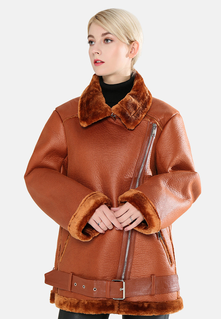 biker jacket with faux fur collar#color_tan