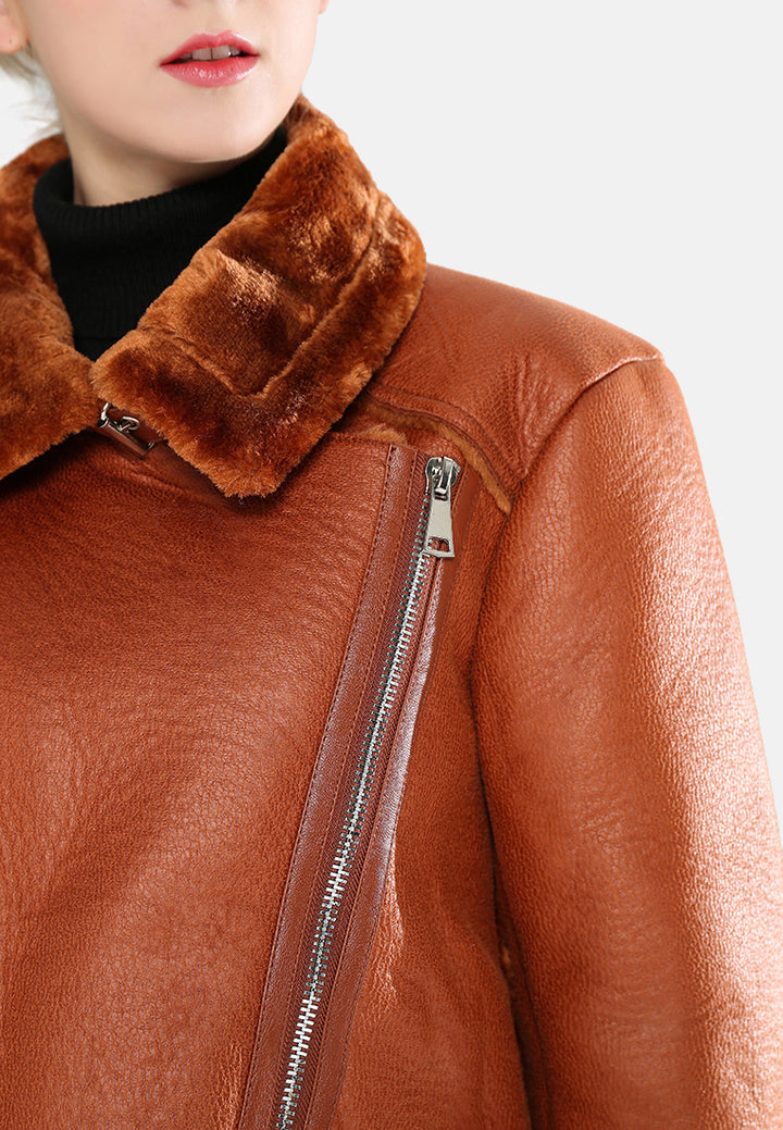 biker jacket with faux fur collar#color_tan