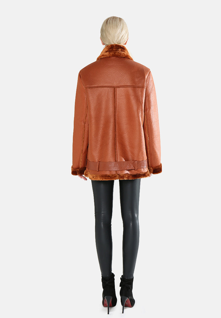 biker jacket with faux fur collar#color_tan