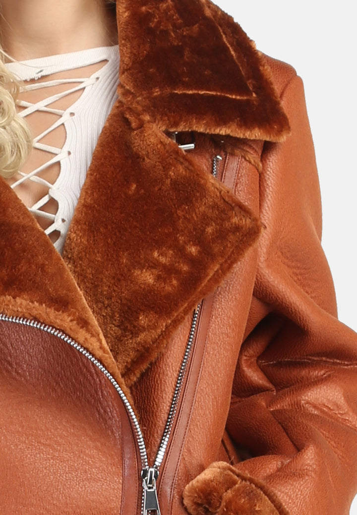 biker jacket with faux fur collar#color_tan