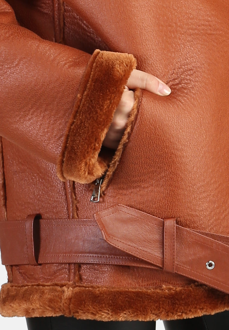 biker jacket with faux fur collar#color_tan